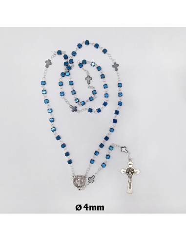 Rosario San Benito Cristal Azul Electrico Tallado 4mm Paters Forma Cruz Ematite