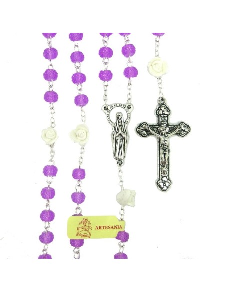 Rosario Cristal Granulado 6Mm Rojo Con Rosas Blancas En Los Paters