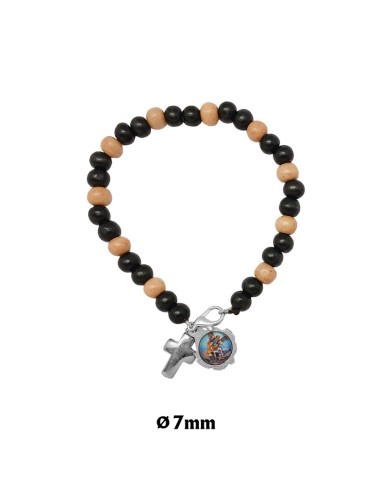 Pulsera Bola 7 MM Alterna Negro Y Madera Con Cierre Y Cruz