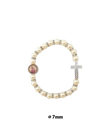 Pulsera Elastica Bola 7 MM Imitacion Perla Con Cruz Brillante