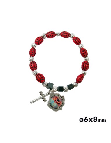 Pulsera Elastica Infantil Mariquitas Y Rosas Con Crucecita
