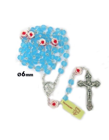 Rosario Cristal Granulado 6Mm Azul Con Rosas En Los Paters