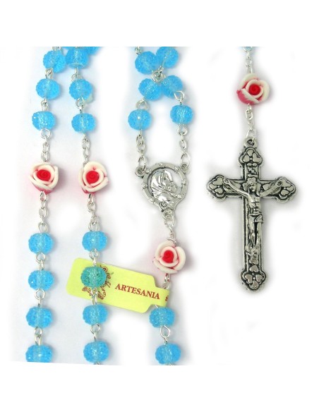Rosario Cristal Granulado 6Mm Azul Con Rosas En Los Paters