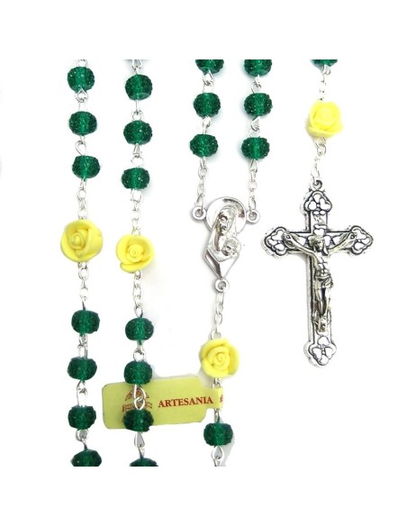 Rosario Cristal Granulado 6Mm Verde Con Rosas En Los Paters