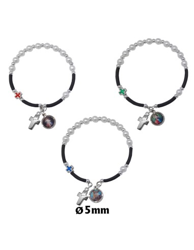 Brazalete Perla 5mm Imitacion Caucho Con Cruz Y Medalla
