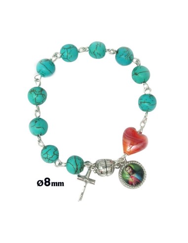 Rosario Brazalete Cristal 8mm Azul Piedra Corazon Con Cierre Magnetico