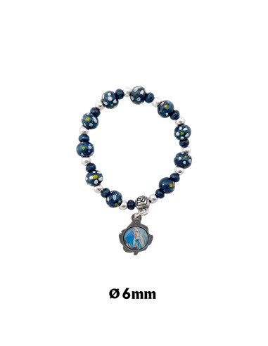 Pulsera Elastica Infantil Madera 6mm Azul Y Flores Blancas Con Bolitas Plateadas