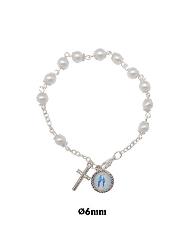 Brazalete Perla Liso 6mm Con Copetas Cruz Y Medalla Foto