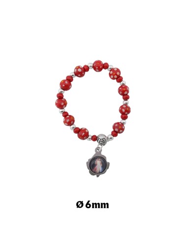 Pulsera Elastica Infantil Madera 6mm Roja Y Flores Blancas Con Bolitas Plateadas