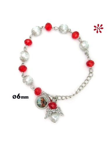 Brazalete Cristal Tallado Rojo Y Perlas 6mm Con Angelito Final