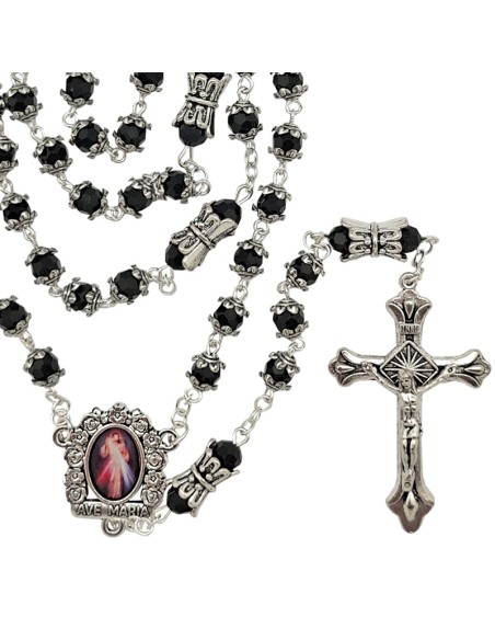 Rosario Cristal Tallado 6Mm Negro Con Copetas Y Paters Doble Metal