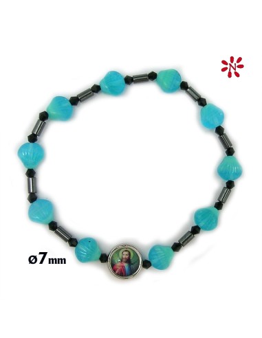 Brazalete Cristal Conchas Azules 7mm Elastico Con Ematite