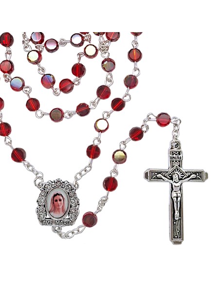 Rosario Cristal Tallado 6Mm Rojo Corte Plano Y Borde Tallado Con Reflejos