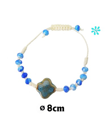 Pulsera Cuerda Con Bolas De Cristal Y Cruz Ceramica Azul
