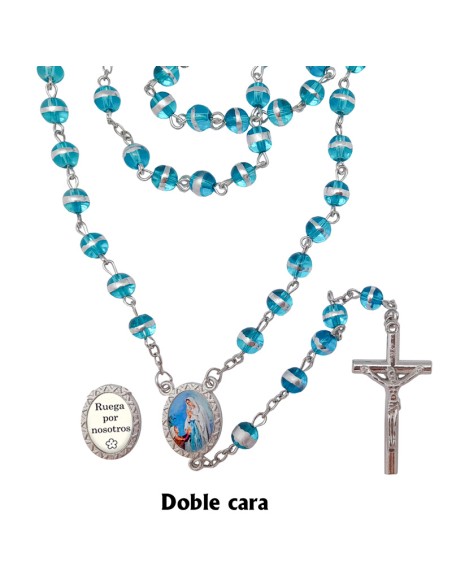 Rosario Cristal Liso 6Mm Azul Celeste Con Anillo Central Plateado