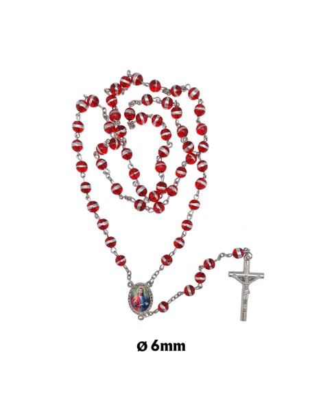 Rosario Cristal Liso 6Mm Rojo Con Anillo Central Plateado