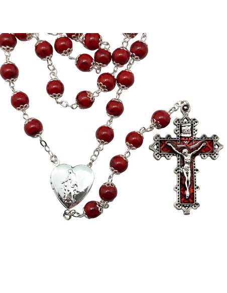 Rosario Cristal Liso 8mm Estampado Rojo Maria Corazon Personalizada Copetas