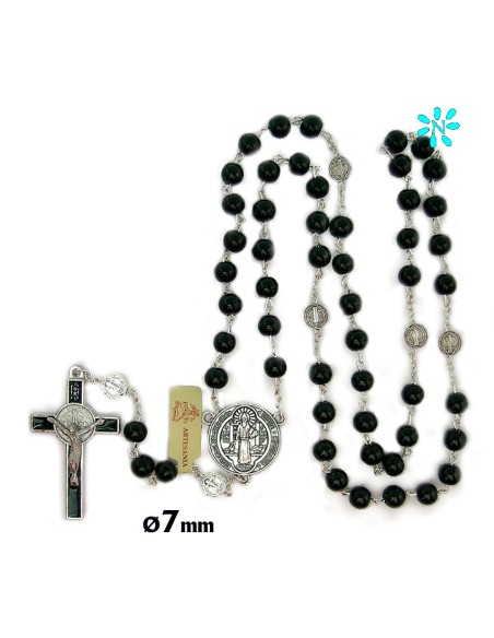 Rosario Cristal Negro 7Mm San Benito Con Maria Y Paters Medalla San Benito