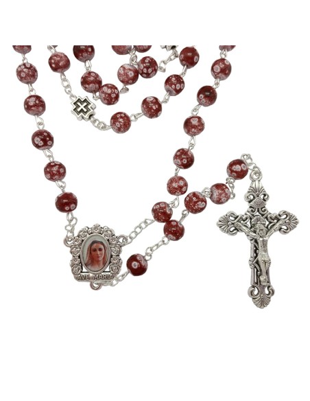 Rosario Cristal 8Mm Marron Con Puntos Celestes Estilo Marmol Y Cruz Metal Paters