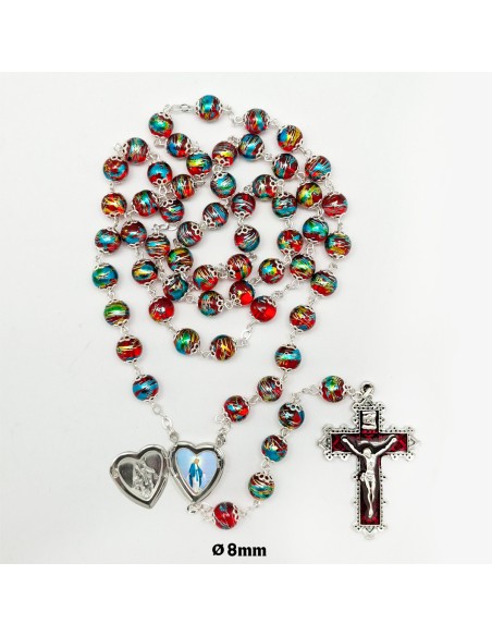 Rosario Cristal Liso 8mm Estampado Multicolor Maria Corazon Personalizada Copetas