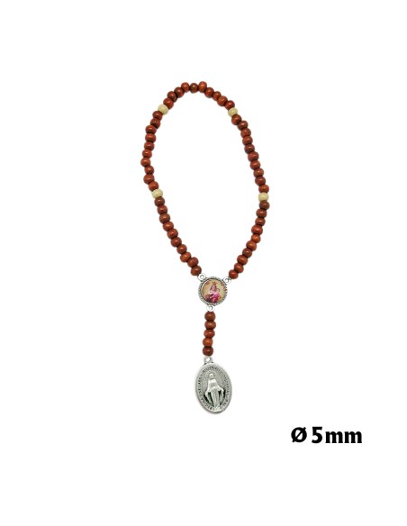 Rosario Madera Elastico 5mm Marron Paters Claros Con Medalla San Cristobal Y Milagrosa