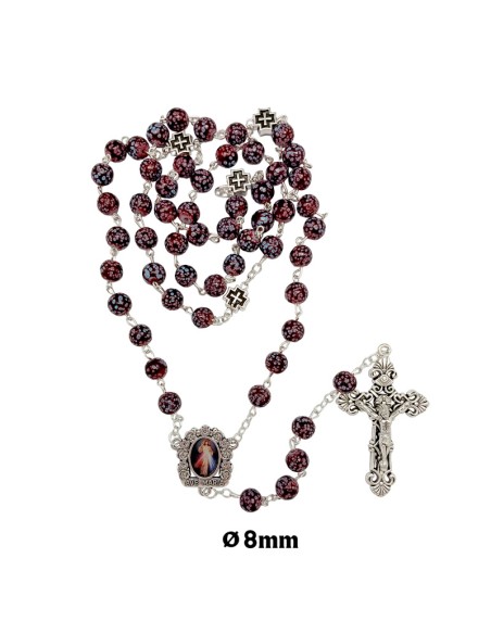 Rosario Cristal 8Mm Negro Y Pintas Blancas Estilo Marmol Y Cruz Metal Paters