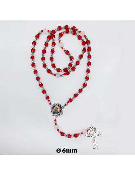 Rosario Cristal Liso Satinado Rojo 6M Con Copetas Pater Blanco 8Mm