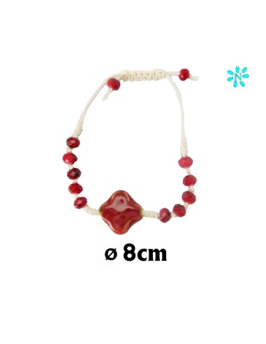 Pulsera Cuerda Con Bolas De Cristal Y Cruz Ceramica Roja