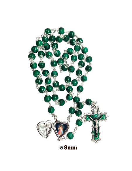 Rosario Cristal Liso 8mm Estampado Verde Maria Corazon Personalizada Copetas