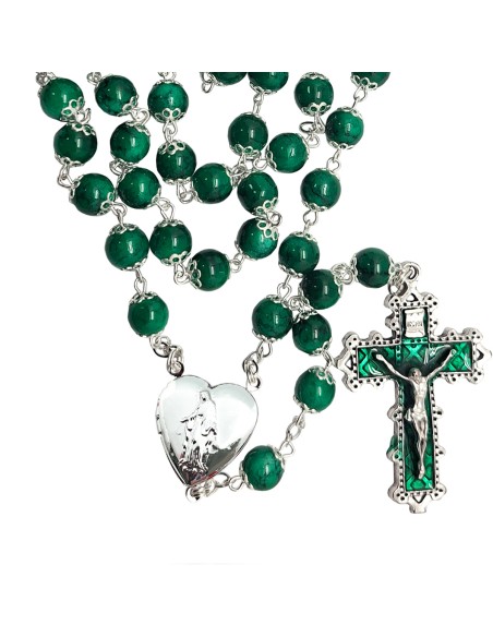 Rosario Cristal Liso 8mm Estampado Verde Maria Corazon Personalizada Copetas