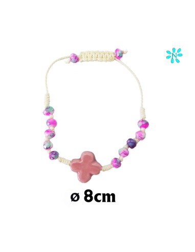 Pulsera Cuerda Con Bolas De Cristal Y Cruz Ceramica Rosa