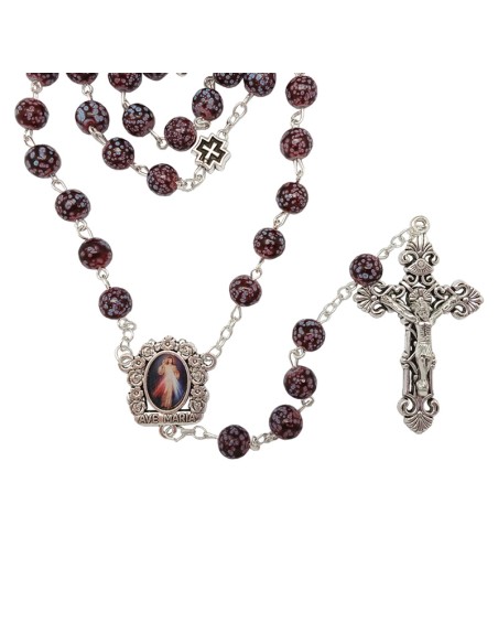 Rosario Cristal 8Mm Negro Y Pintas Blancas Estilo Marmol Y Cruz Metal Paters