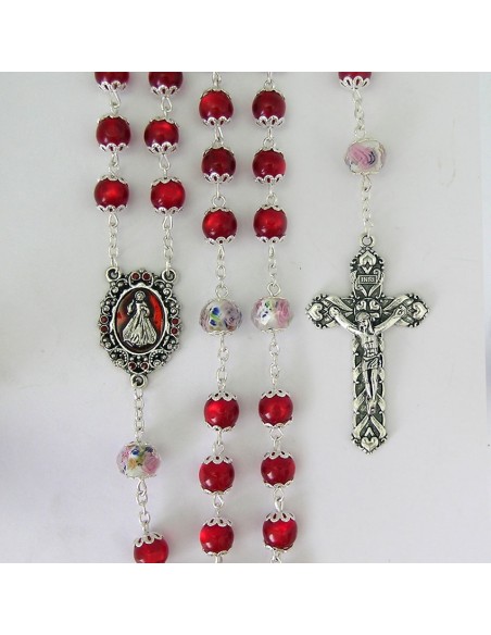 Rosario Cristal Rojo 8Mm Misericordioso Paters 8Mm Grano Rosa Interna Y Copetas
