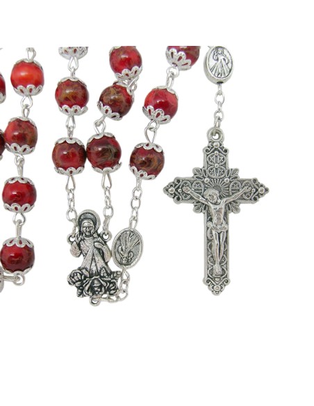 Rosario Cristal Liso 8Mm Divina Misericordia Rojo Con Copetas Y Paters Jesús Misericordioso