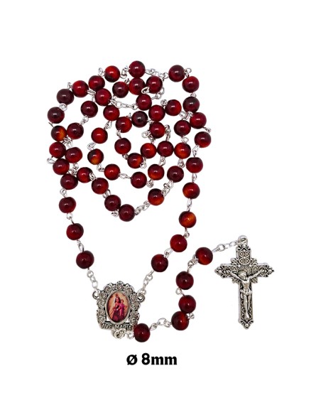 Rosario Cristal Liso 8Mm Rojo Intenso Y Matices Dorados