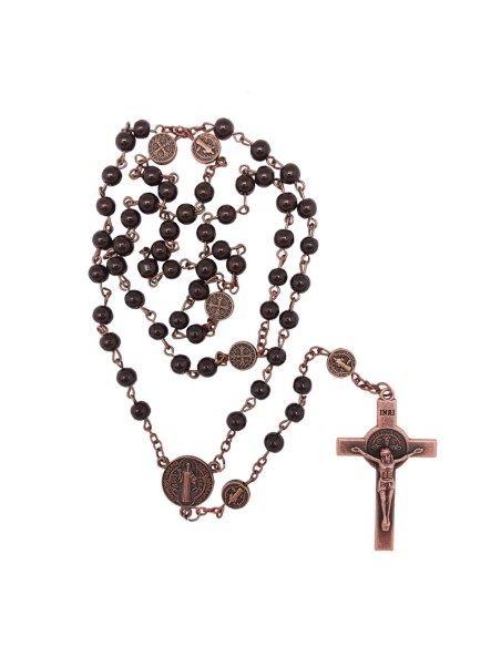 Rosario Cristal San Benito 6Mm Con Medallas Maria Y Cruz Color Bronce En Caja