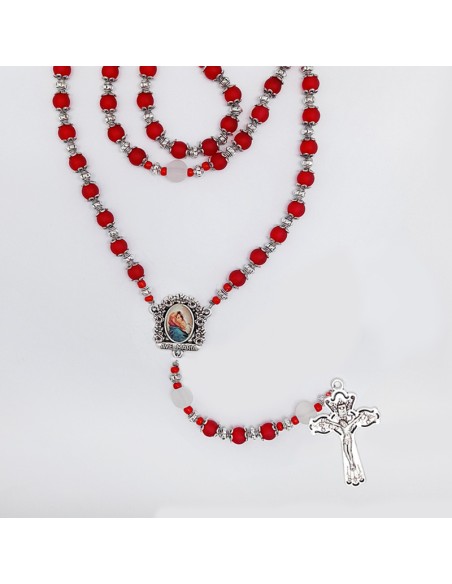 Rosario Cristal Liso Satinado Rojo 6M Con Copetas Pater Blanco 8Mm