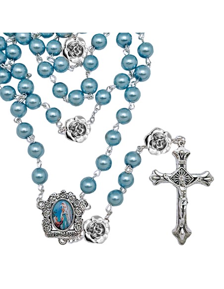 Rosario Cristal Liso Celeste 8Mm Con Paters Rosa 13Mm