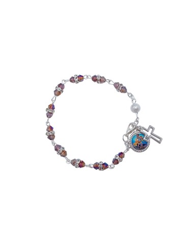 Pulsera Cristal Morado 4mm Doble Con Disco Y Pater Metalico Punteado