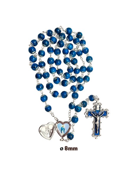 Rosario Cristal Liso 8mm Estampado Azul Maria Corazon Personalizada Copetas