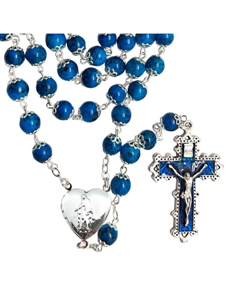 Rosario Cristal Liso 8mm Estampado Azul Maria Corazon Personalizada Copetas