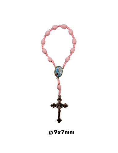 Decena madera y cuerda rosa 10x8mm cruz y maria color bronce