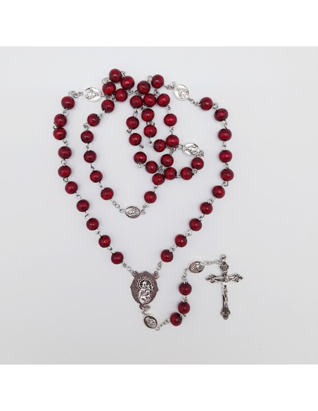 Rosario Madera Rojiza 8mm Sagrado Corazon De Jesus Paters Metal