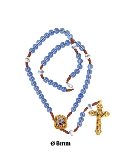 Rosario Cristal Azul Con Cuerda 8Mm Con Paters Ceramica Cruz Y Maria Dorada