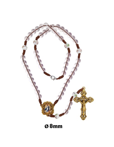 Rosario Cristal Rosa Con Cuerda 8Mm Con Paters Ceramica Cruz Y Maria Dorada