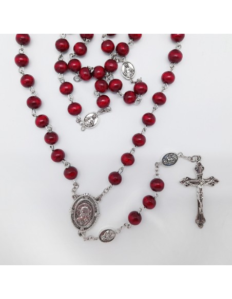 Rosario Madera Rojiza 8mm Sagrado Corazon De Jesus Paters Metal