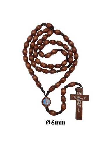 Rosario Madera Y Cuerda Oval 9x7mm Con Cristo Serigrafiado