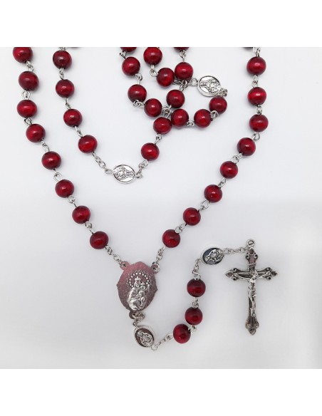 Rosario Madera Rojiza 8mm Sagrado Corazon De Jesus Paters Metal