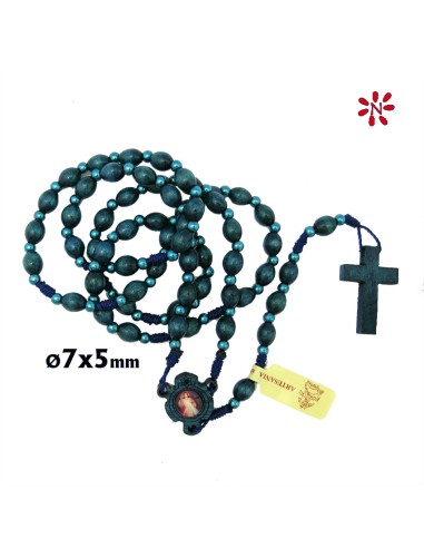 Rosario Madera Oval 7x5mm Azul Con Perlitas Cuerda Maria Para Personalizar