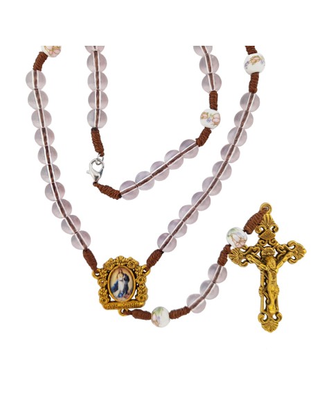Rosario Cristal Rosa Con Cuerda 8Mm Con Paters Ceramica Cruz Y Maria Dorada